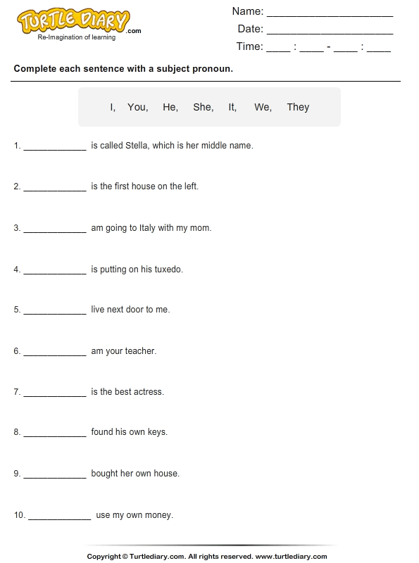 Complete The Sentence With A Subject Pronoun Worksheet Turtle Diary