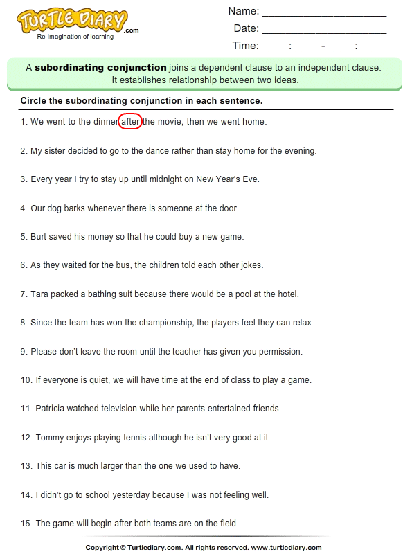 Coordinating And Subordinating Conjunction Worksheet