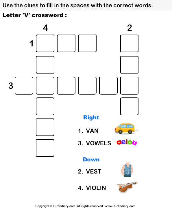 Letter V Crossword Worksheet - Turtle Diary