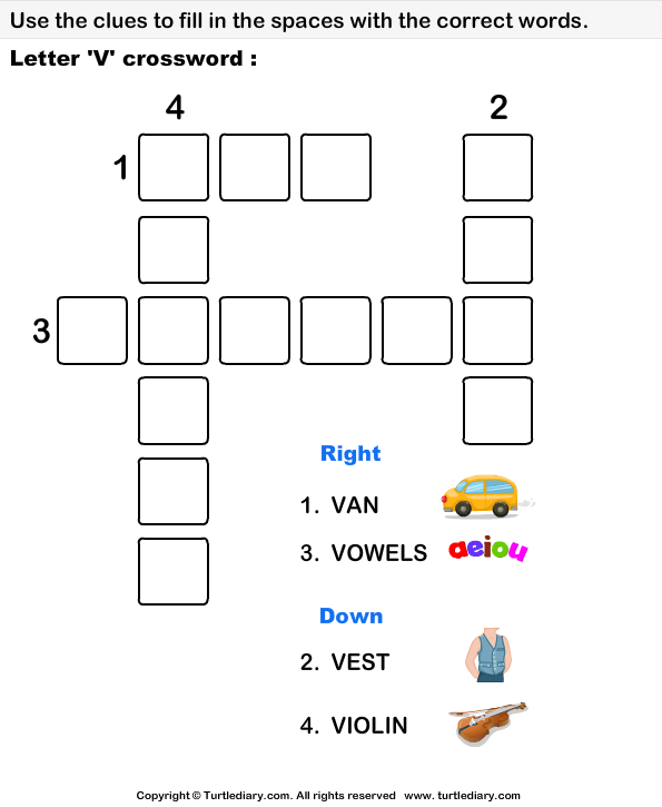 Letter V Crossword Worksheet Turtle Diary