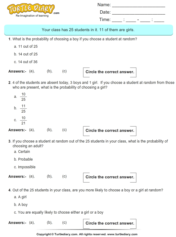 Probability On Number Of Students Worksheet Turtle Diary