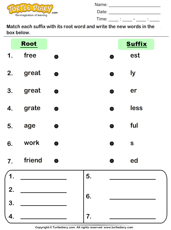 Match Suffixes To Root Words Worksheet Turtle Diary