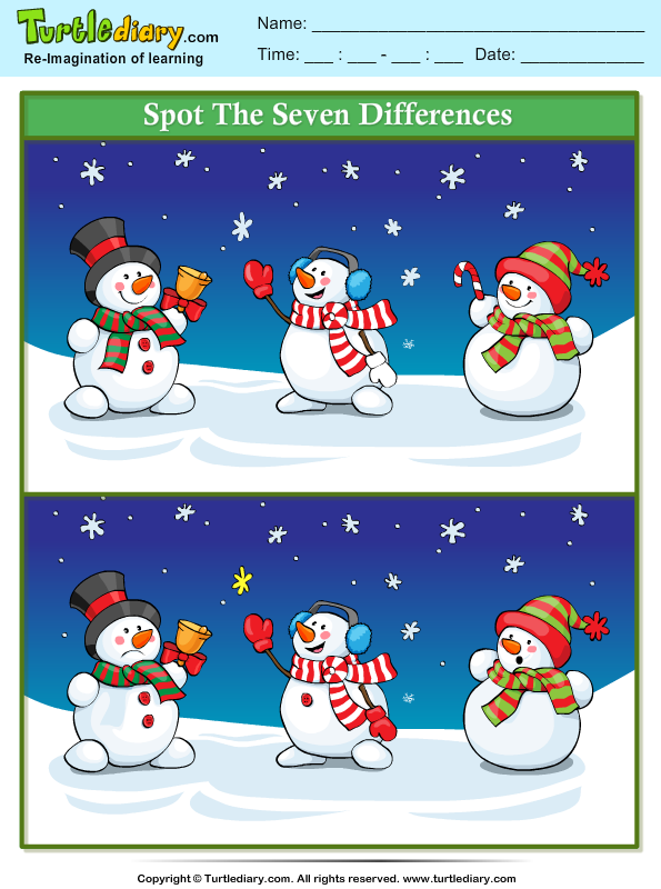 Spot the Difference Snowman with Bell Worksheet - Turtle Diary