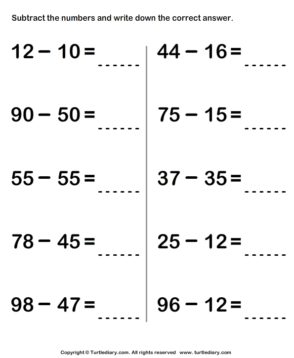 Subtract One Digit Numbers From Two Digit Numbers Worksheet