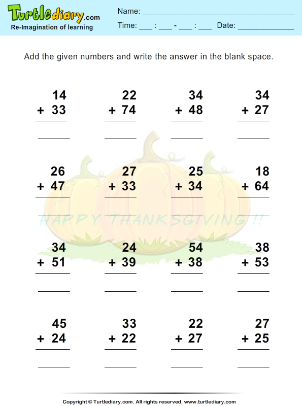 Thanksgiving Addition Worksheet Turtle Diary