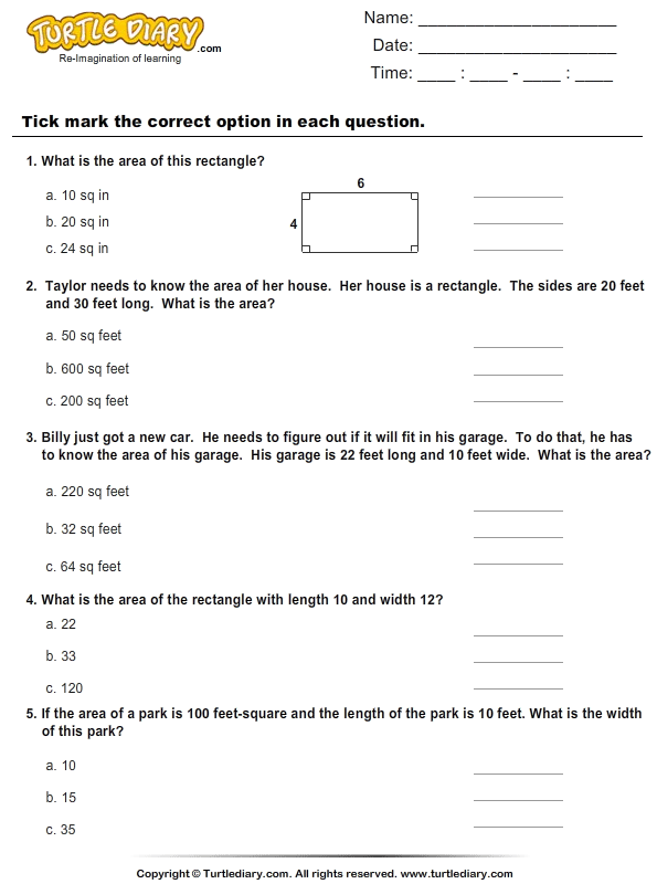 Word Problems on Area of Rectangles Worksheet Turtle Diary