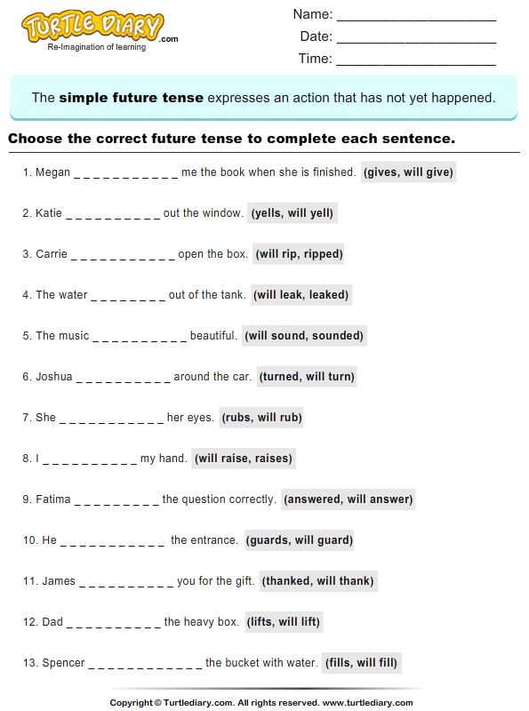 Simple Future Tense Verbs Worksheet