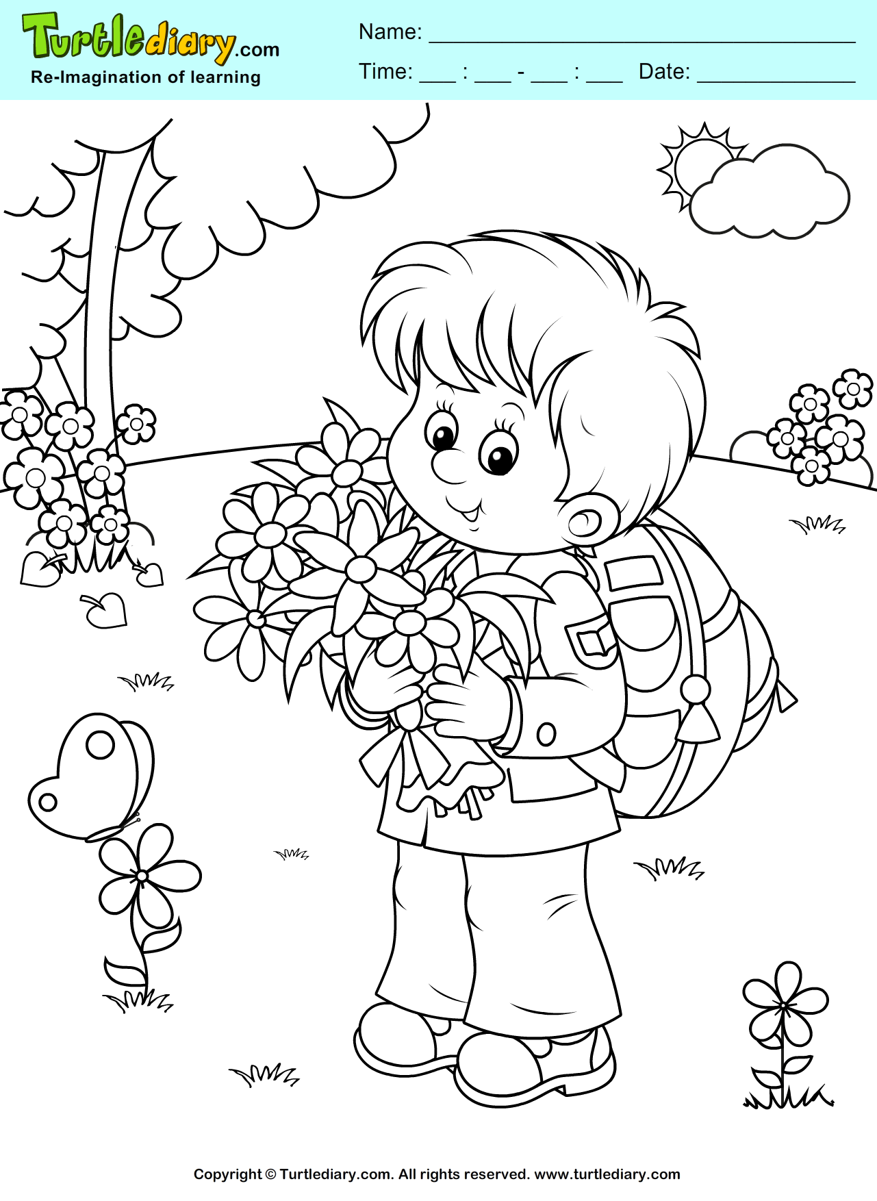 Download Boy with Flowers Coloring Sheet | Turtle Diary