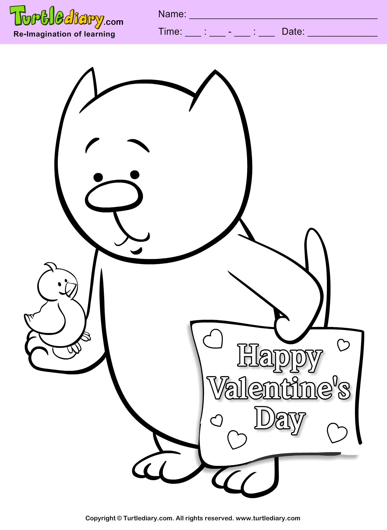 Cat and Bird Valentine Day Coloring page