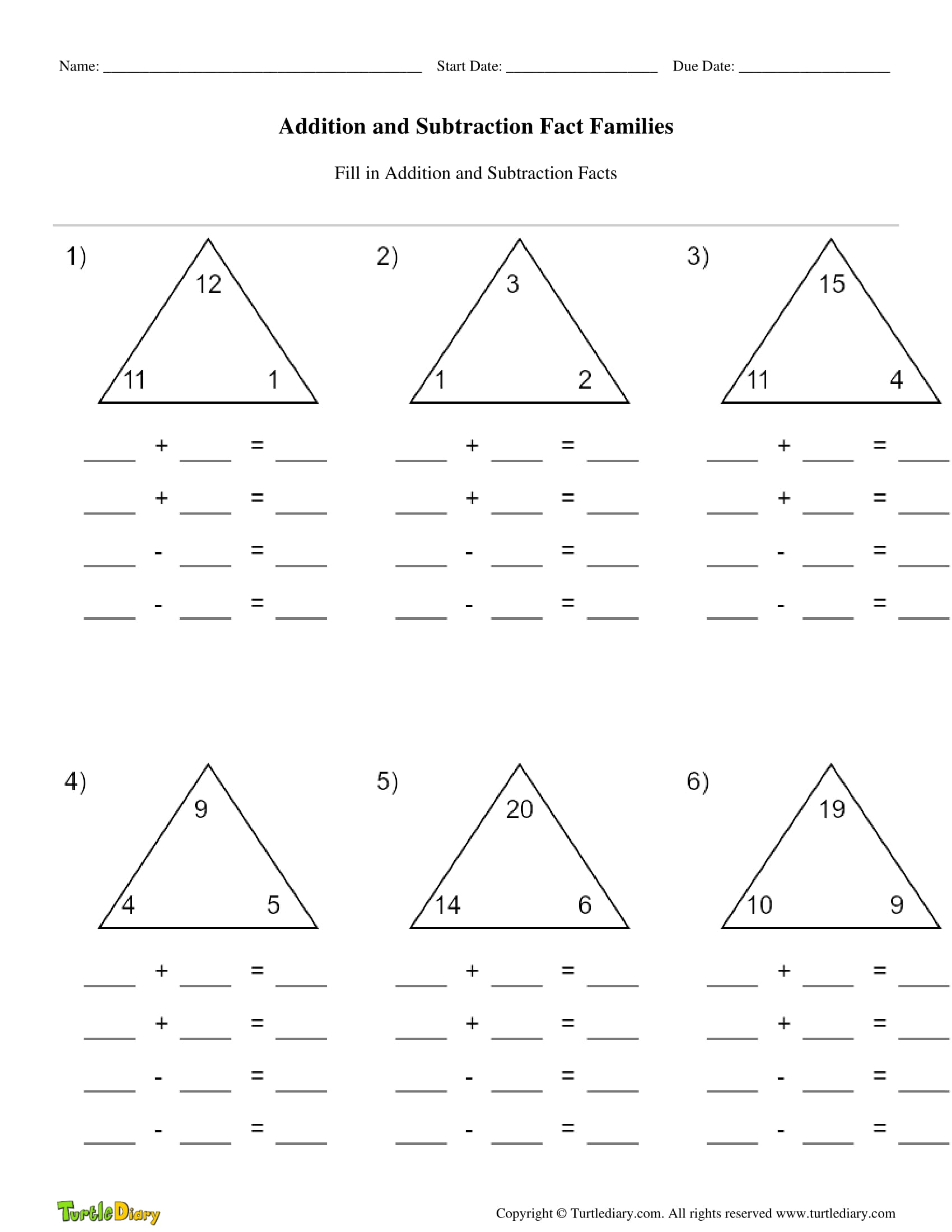 Addition and Subtraction Fact Families | Turtle Diary