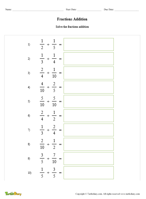 Fractions Addition Worksheet Generator Turtle Diary
