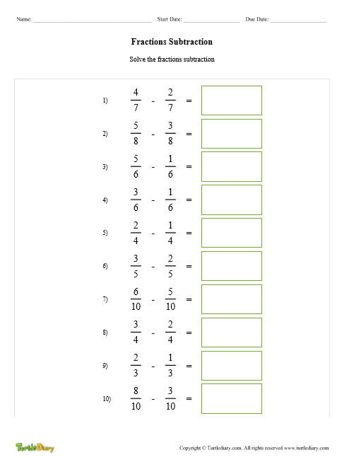 Fractions Subtraction Worksheet Generator Turtle Diary