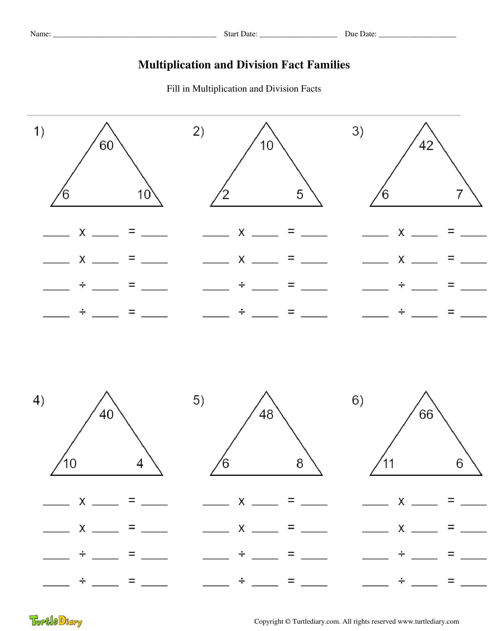 Multiplication and Division Fact Families | Turtle Diary