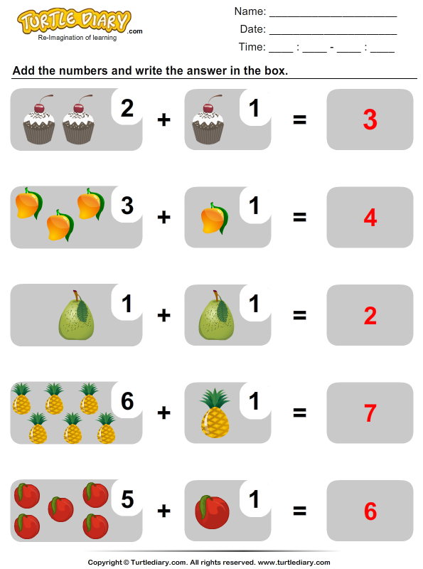 Addition with Objects Sums up to Twenty Worksheet - Turtle Diary