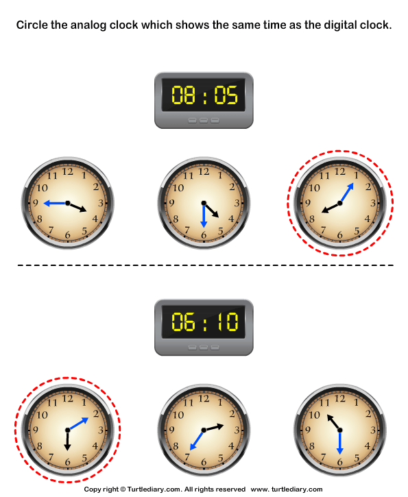 analog clock matching worksheet turtle diary