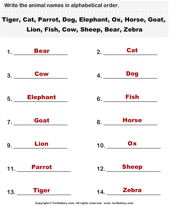 Animal Names Worksheet - Turtle Diary