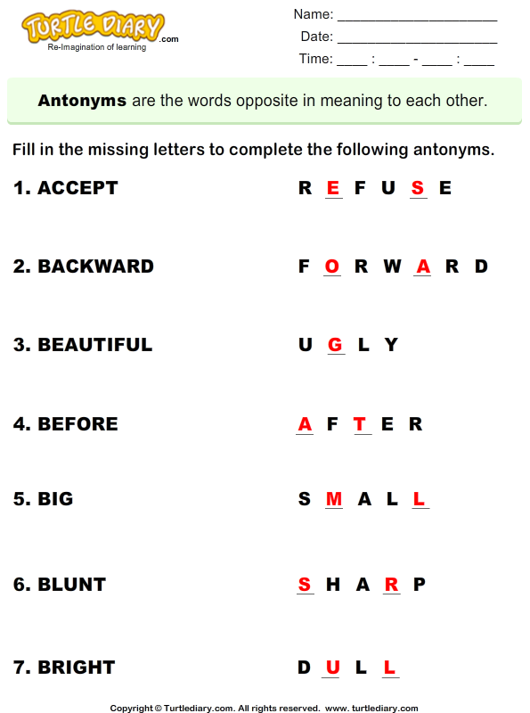 Antonym Fill the Missing Letters Worksheet - Turtle Diary