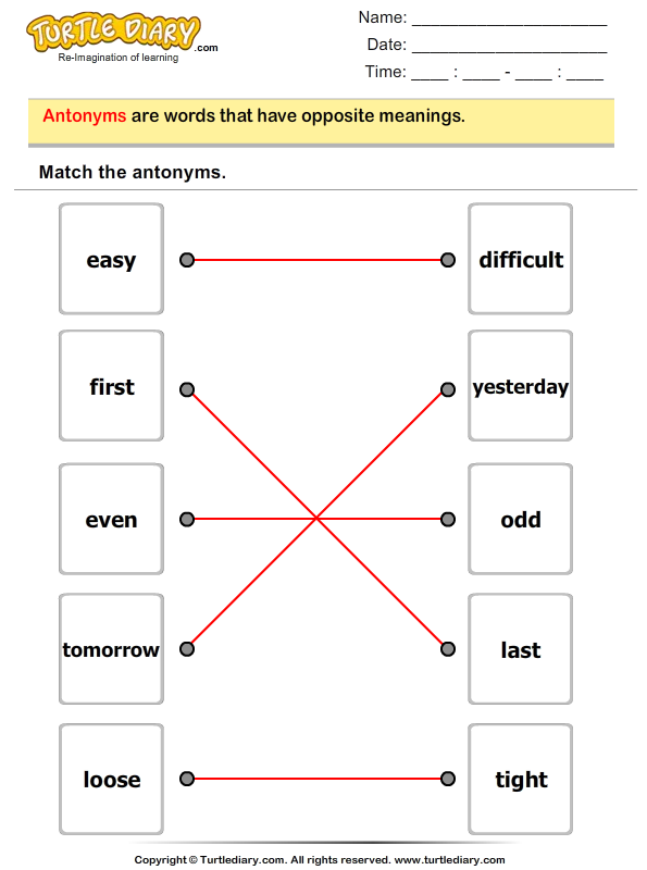 Antonyms Matching Worksheet - Turtle Diary