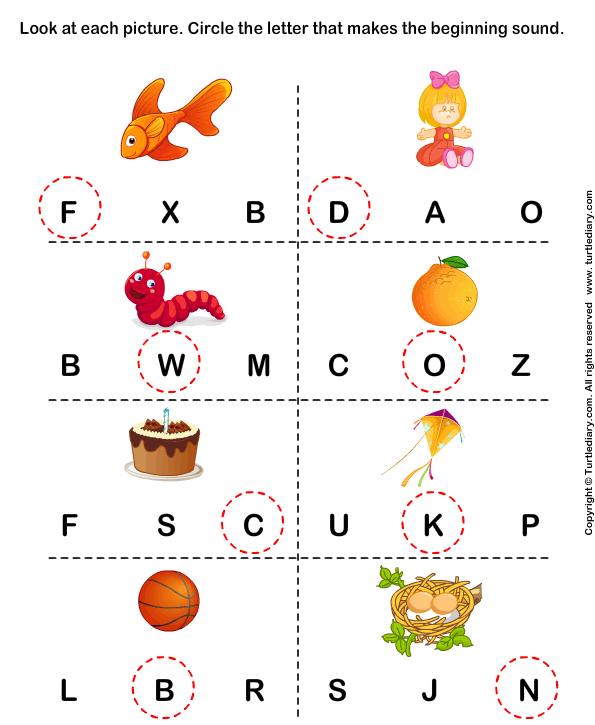 beginning sounds f d w o c k b and n worksheet turtle diary