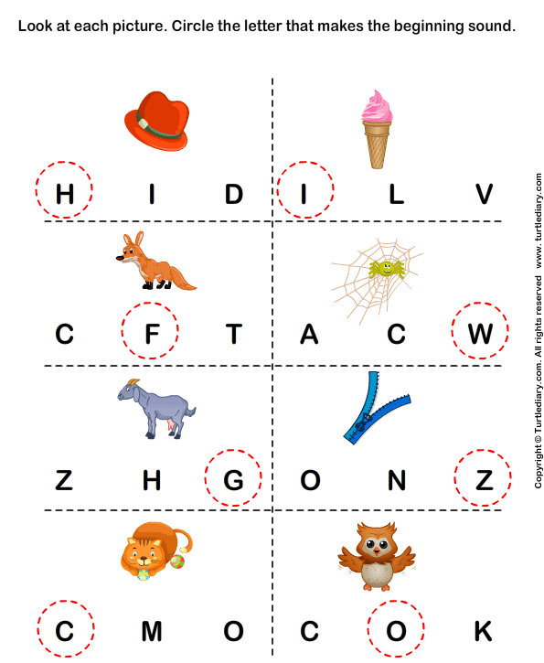 Beginning Sounds H I F W G Z C and O Worksheet - Turtle Diary