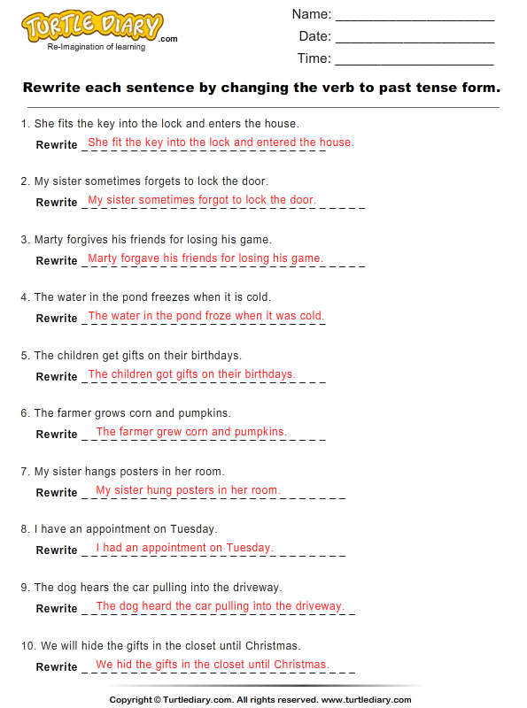 Change Verbs To Past Tense Form And Rewrite Sentences Worksheet Turtle Diary