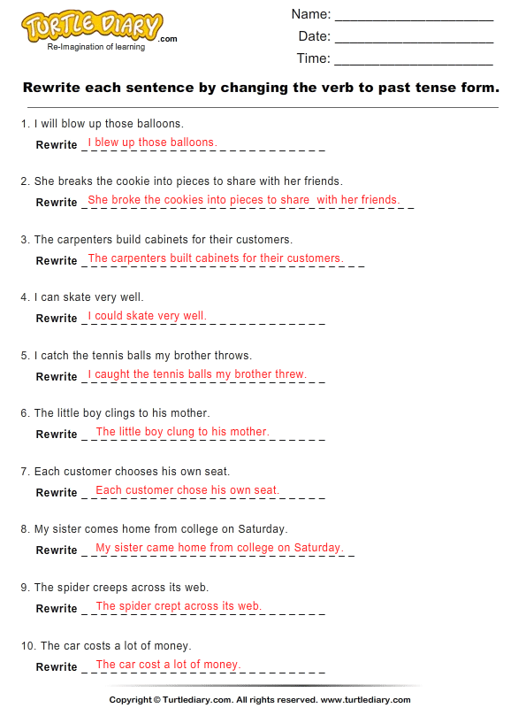 Change Verbs to Past Tense Form Worksheet Turtle Diary