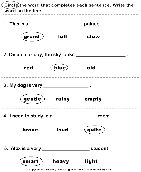 choose adjectives that completes the sentences worksheet
