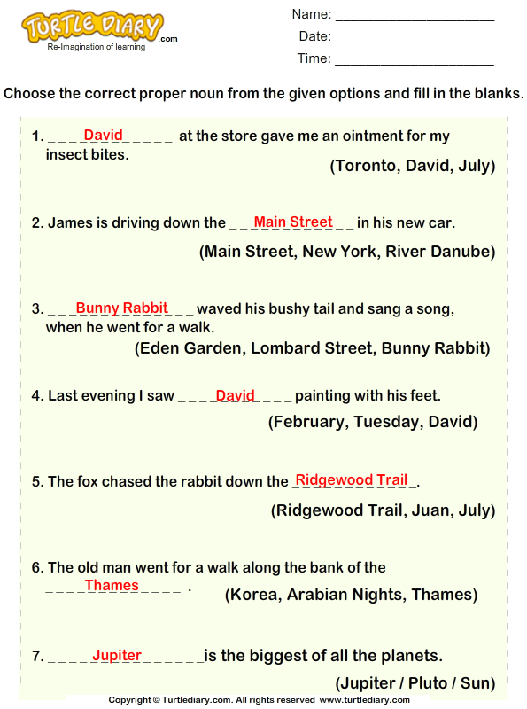 Choose Proper Noun for Given Sentences Worksheet - Turtle Diary