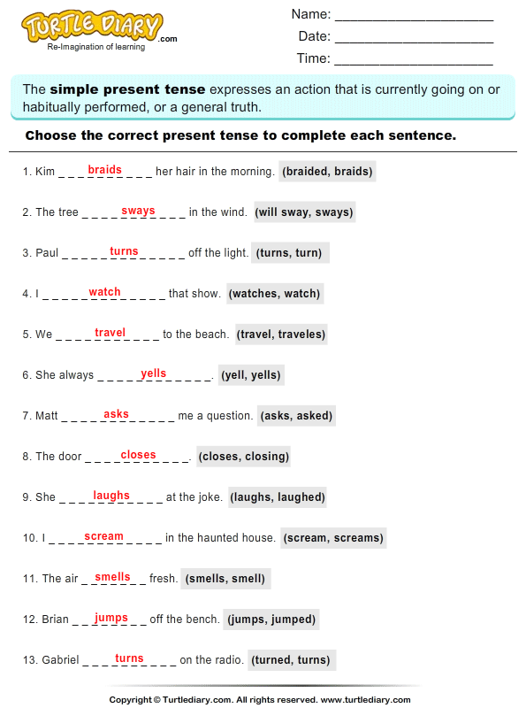 Where do you find sample exercises on simple present tense?