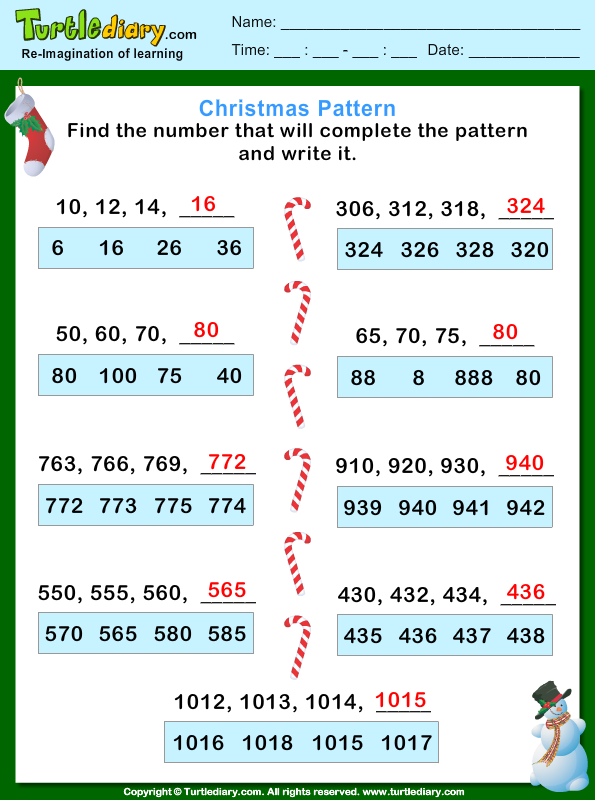 christmas number pattern worksheet turtle diary