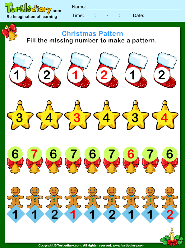 Christmas Pattern Fill Missing Numbers Worksheet - Turtle Diary