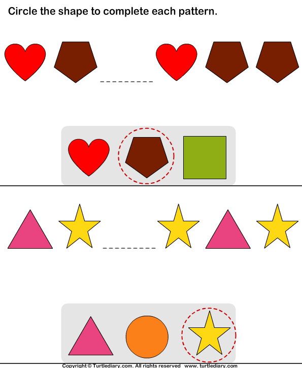 Circle Missing Shape to Complete Patterns Worksheet - Turtle Diary