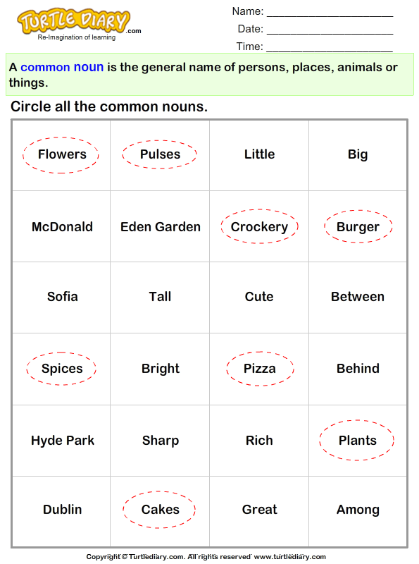 Circle the Common Nouns in Words Given Below Worksheet - Turtle Diary