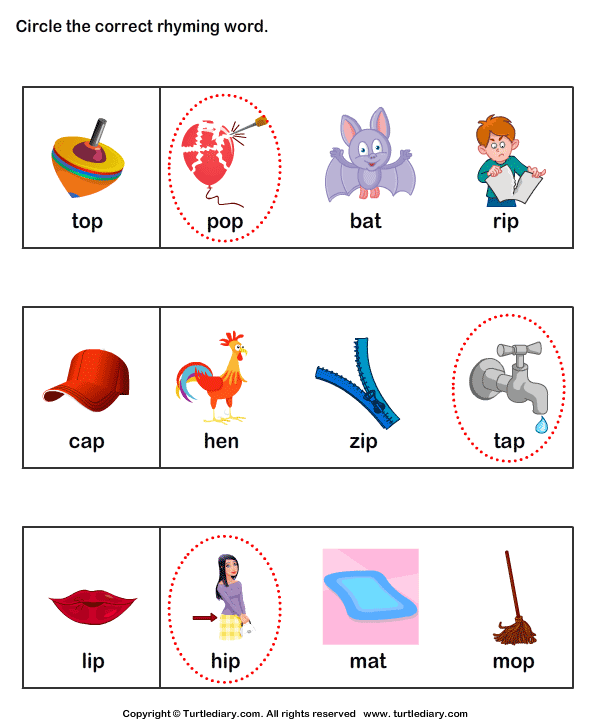 Circle the Correct Rhyming Word Worksheet - Turtle Diary