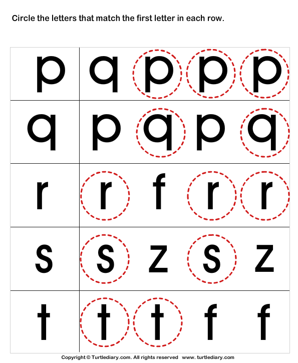 Circle the Matching Letter P Q R S T Worksheet - Turtle Diary