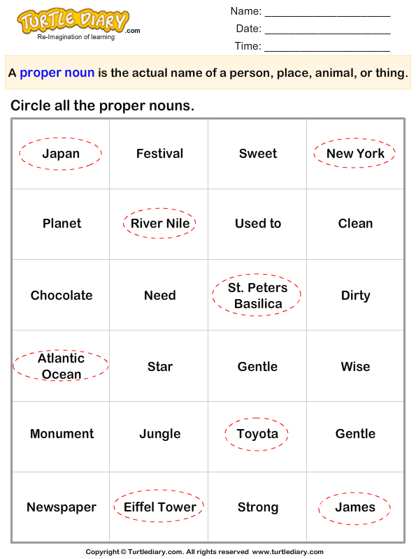 Circle the Proper Nouns in Words Given Below Worksheet - Turtle Diary