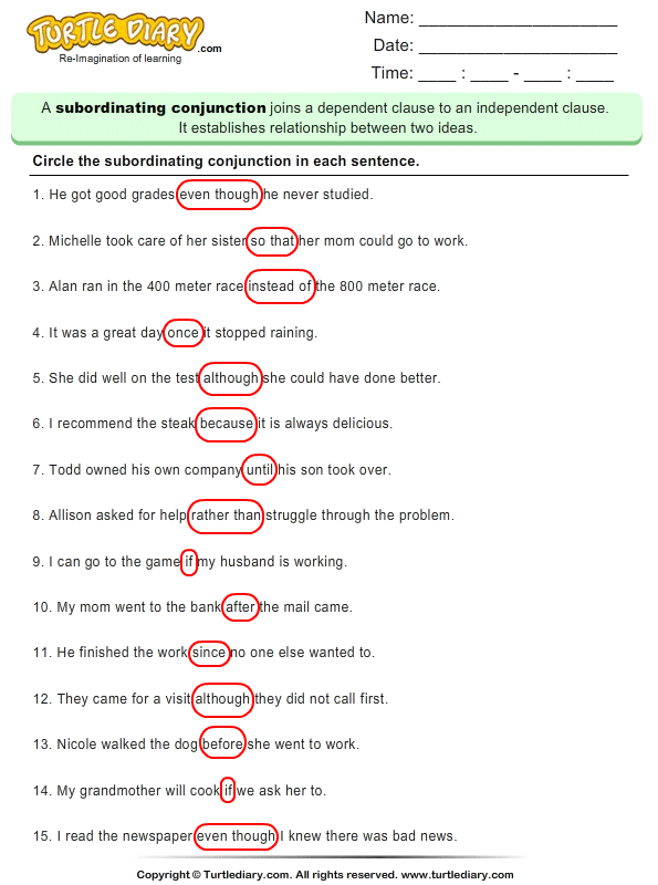 Circle the Subordinating Conjunction in each Sentence Worksheet