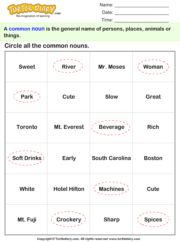 Circle the Words That are Common Nouns Worksheet - Turtle Diary