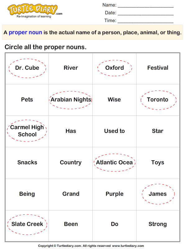 circle the words that are proper nouns worksheet turtle