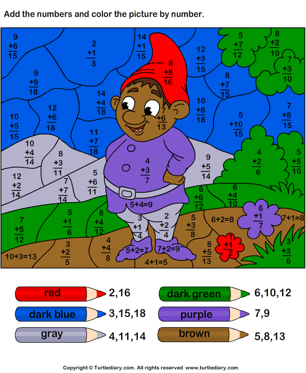 Color By Number Addition With Sums Up To Twenty Worksheet Turtle Diary