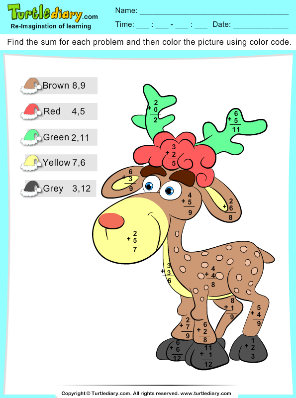 Color by Sum Reindeer Worksheet - Turtle Diary