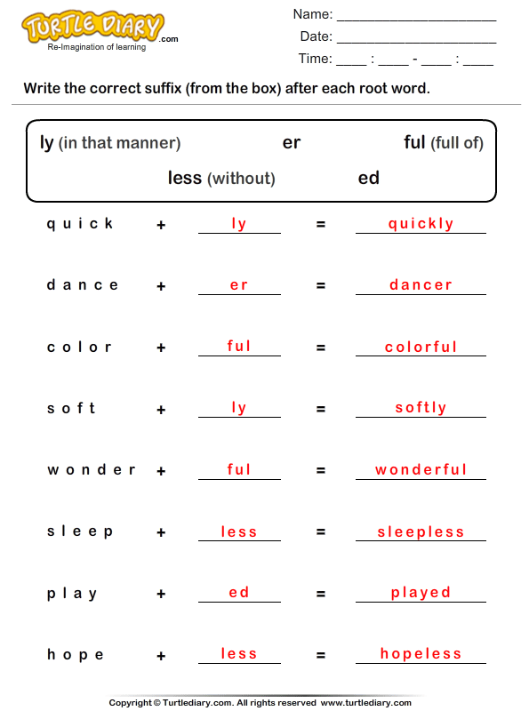 Combining Root Word and Suffix Worksheet - Turtle Diary