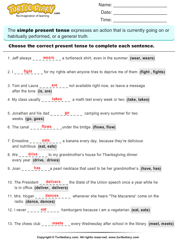 Complete Sentences by Choosing Correct Present Tense of Verb Worksheet