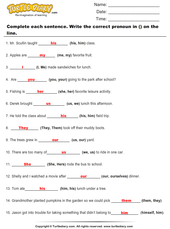 Complete Sentences with Pronoun that Best Fits Worksheet - Turtle Diary