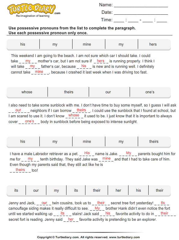 reading a worksheet super teacher map Complete Pronouns the Possessive Worksheet Paragraph with