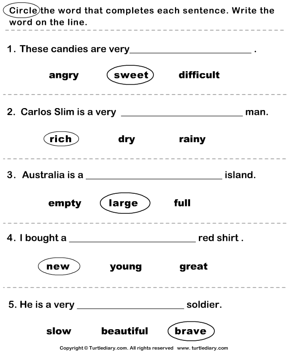 Complete The Sentence With Correct Adjective Worksheet Turtle Diary