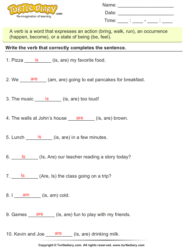 complete the sentences using verb is am are worksheet
