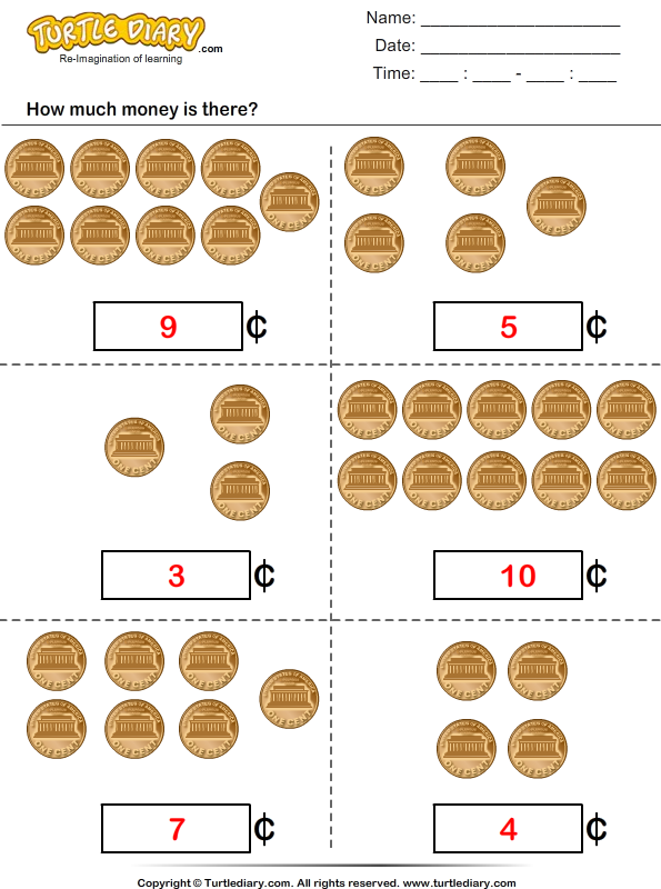 Counting Pennies up to Ten Cents Worksheet - Turtle Diary