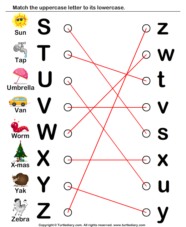 draw line to match letters s to z worksheet turtle diary