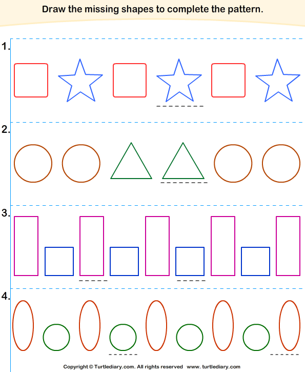 draw missing shape to complete patterns worksheet turtle